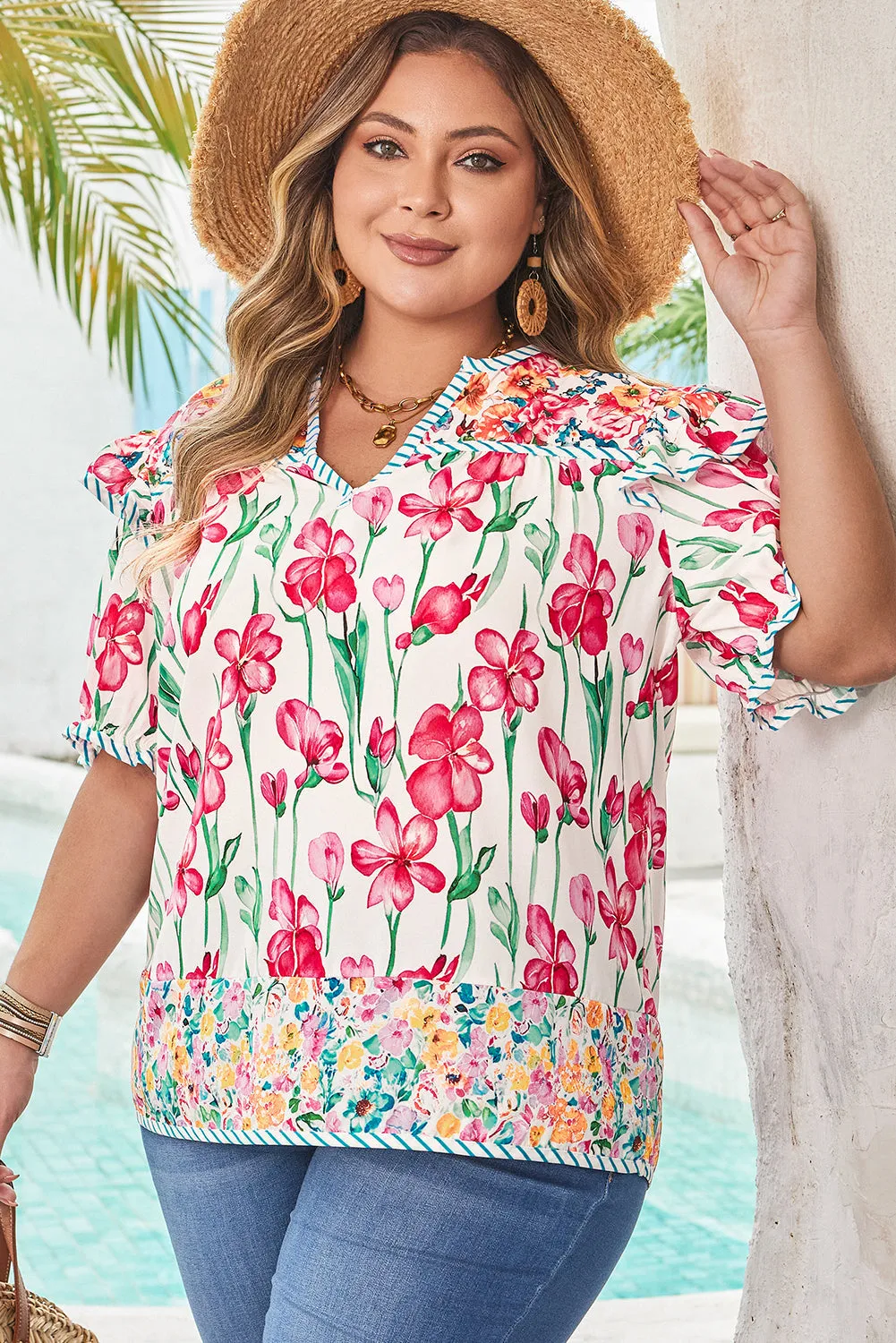 Kiara Plus Size Floral Striped Trim V Neck Blouse by Threaded Pear sold by Zulily product image thumbnail 3