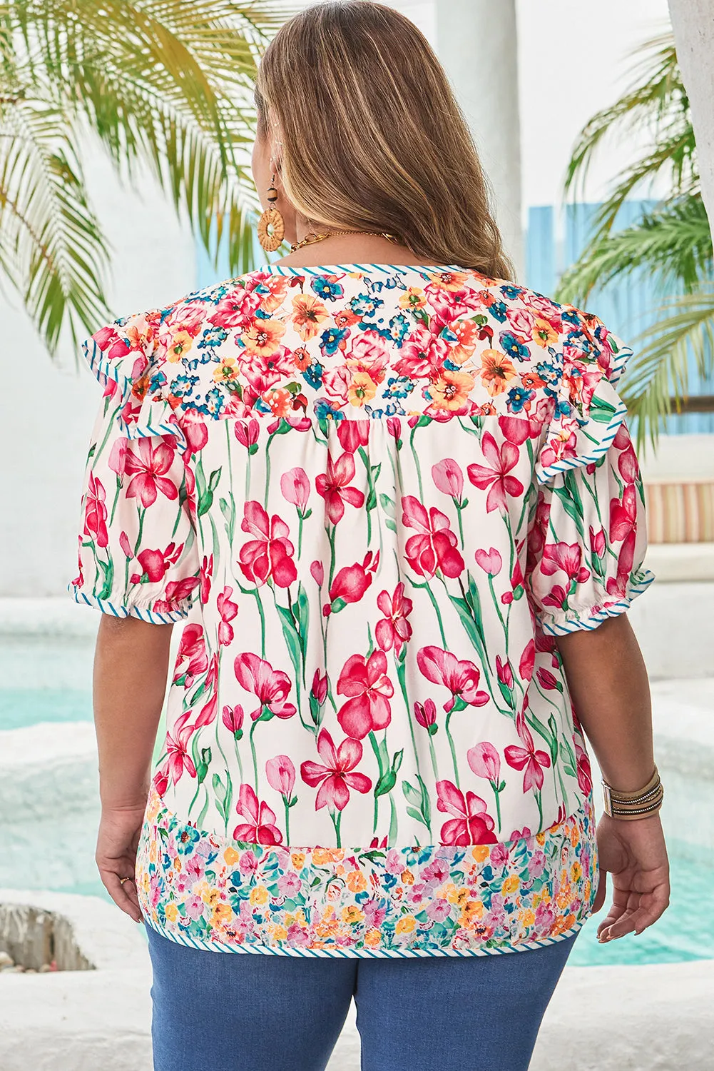 Kiara Plus Size Floral Striped Trim V Neck Blouse by Threaded Pear sold by Zulily product image thumbnail 2