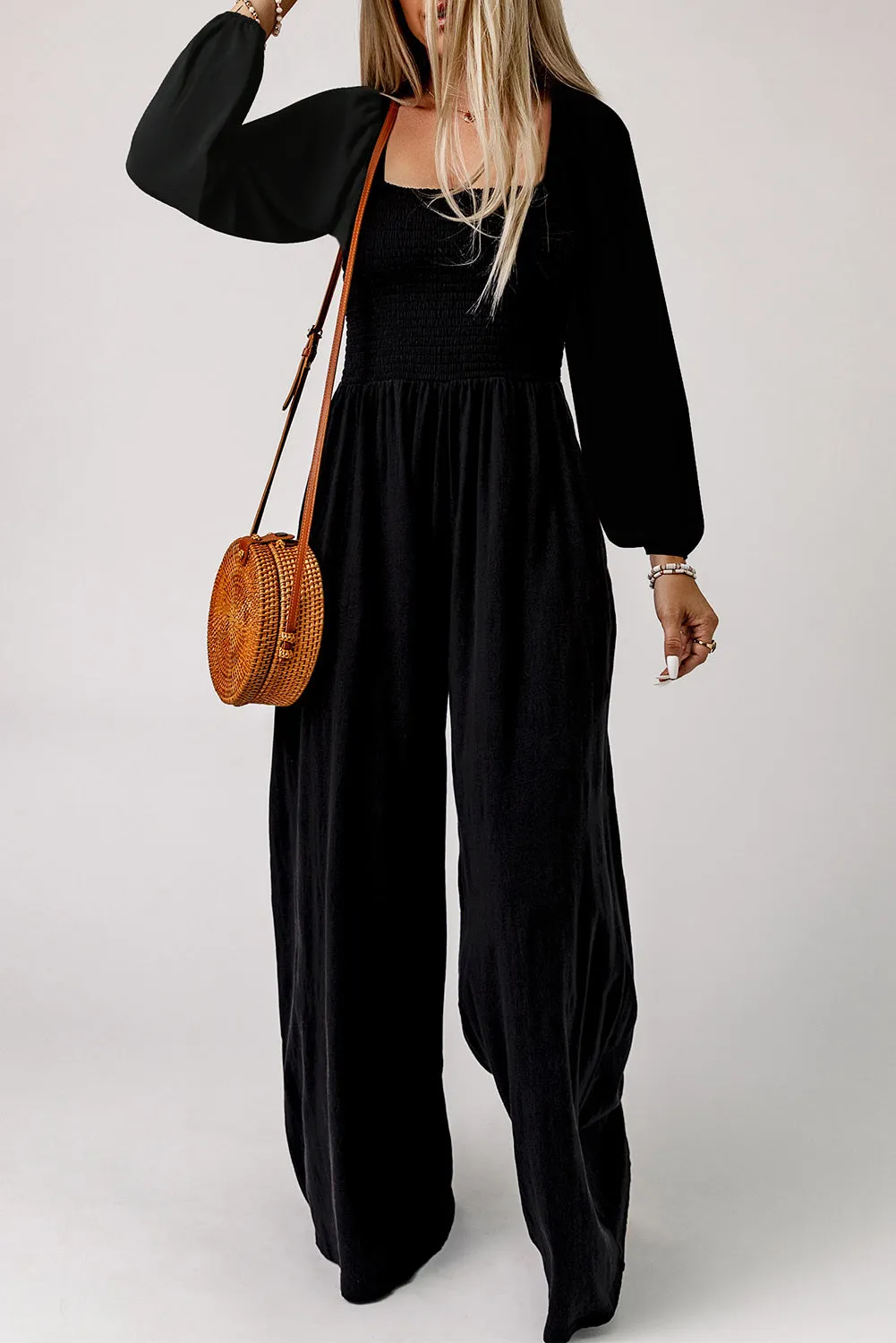 Ryleigh Smocked Square Neck Long Sleeve Wide Leg Jumpsuit by Threaded Pear sold by Zulily product image thumbnail 4