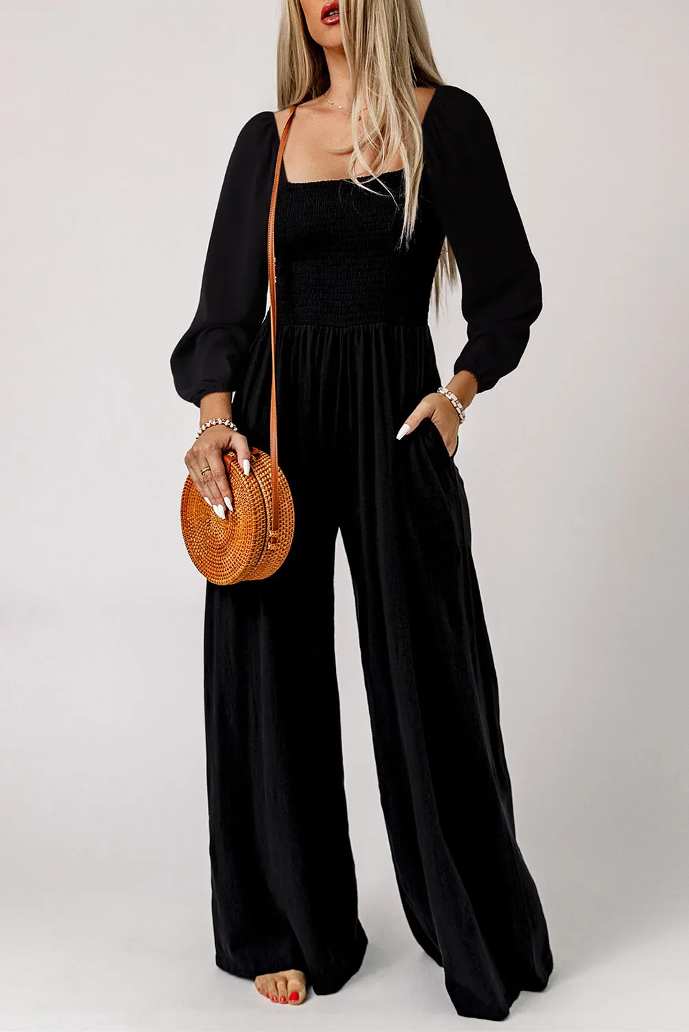 Ryleigh Smocked Square Neck Long Sleeve Wide Leg Jumpsuit by Threaded Pear sold by Zulily product image thumbnail 3