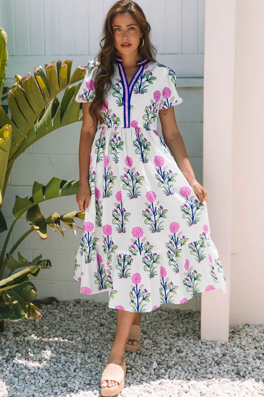 Julietta Floral Puff Short Sleeve V Neck High Waist Maxi Dress by Threaded Pear sold by Zulily