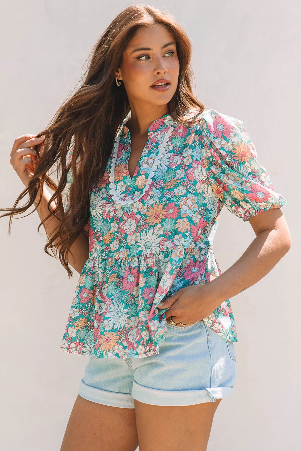 Amaris Notched Neck Puff Short Sleeve Floral Blouse by Threaded Pear sold by Zulily product image thumbnail 5