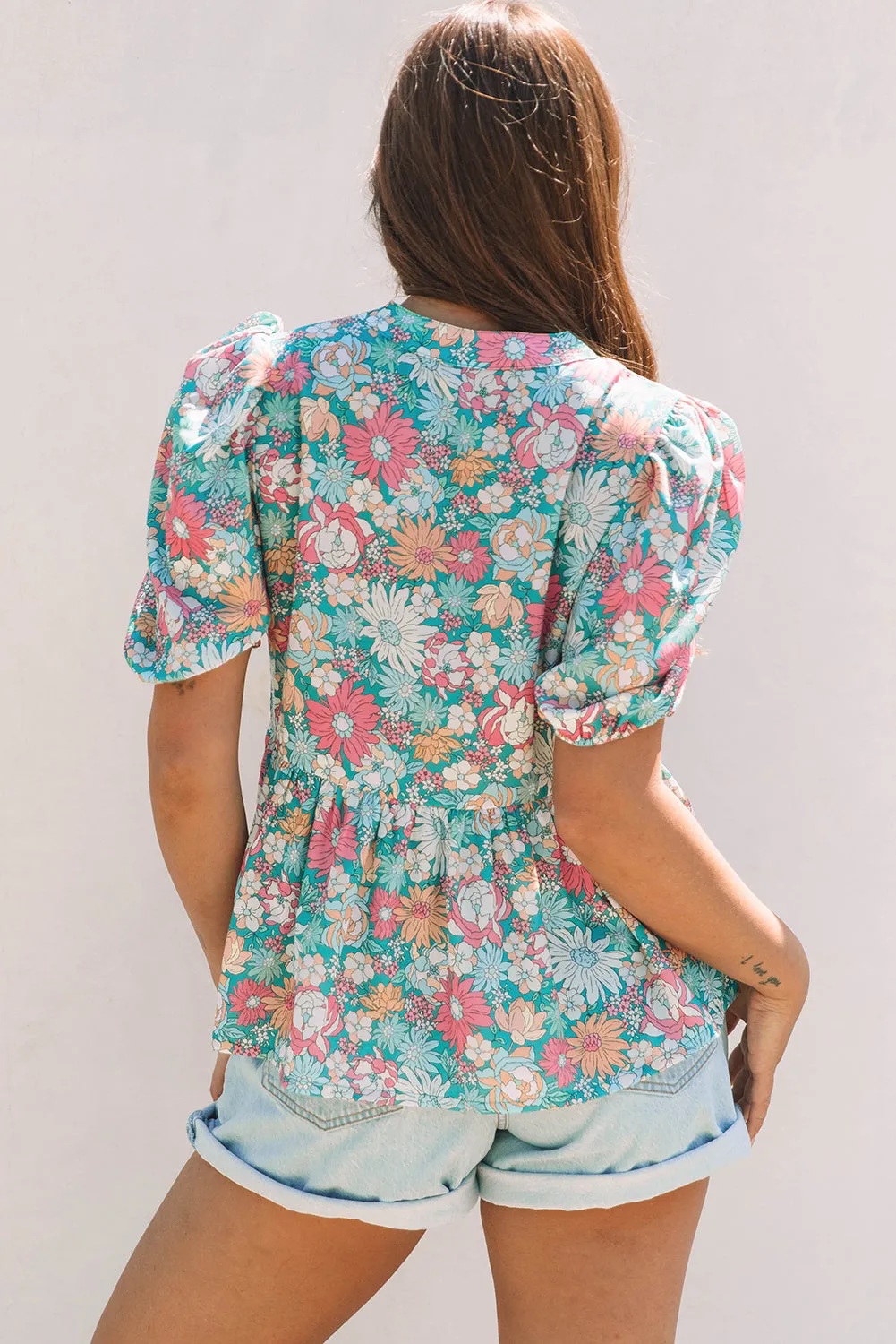 Amaris Notched Neck Puff Short Sleeve Floral Blouse by Threaded Pear sold by Zulily product image thumbnail 2