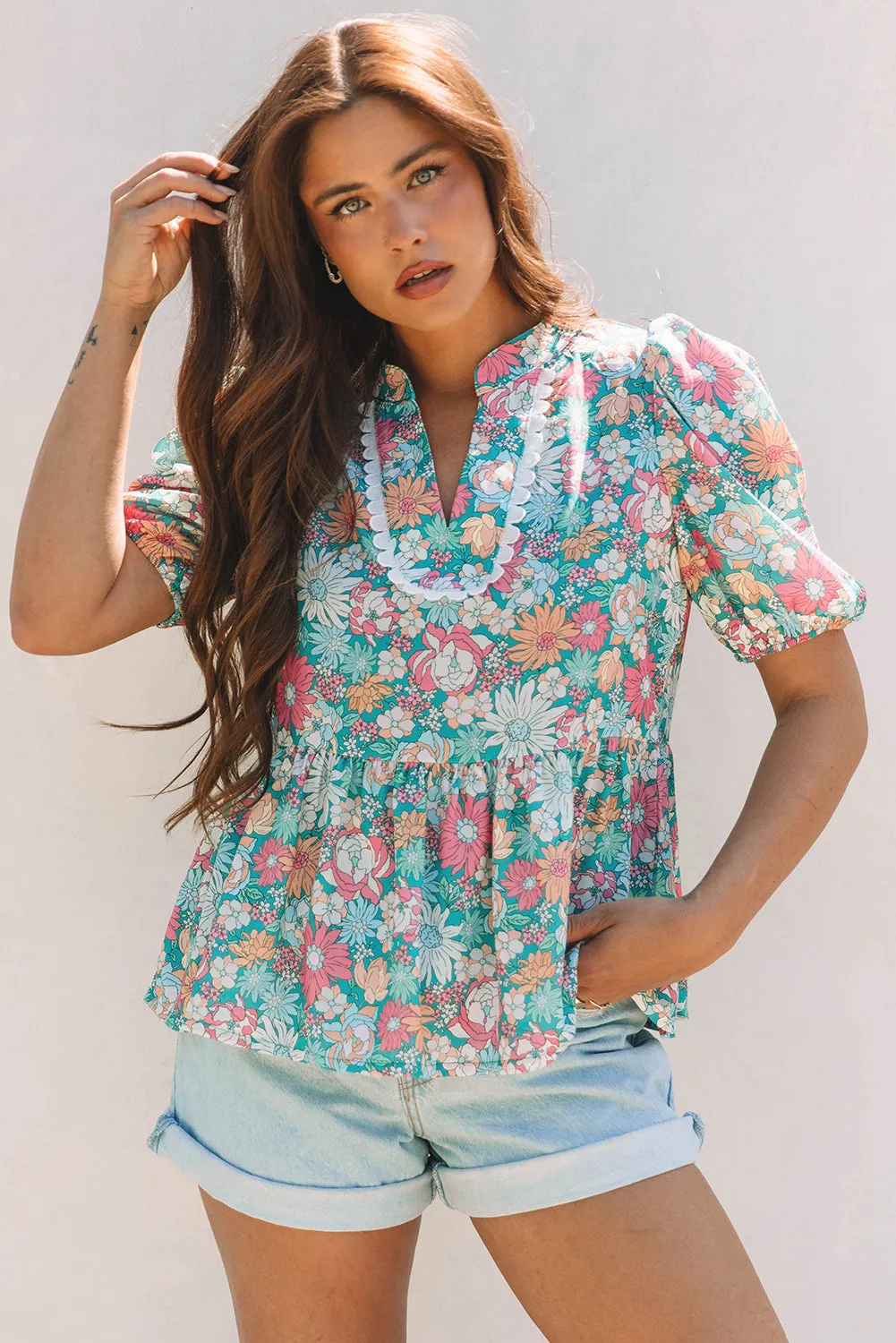 Amaris Notched Neck Puff Short Sleeve Floral Blouse by Threaded Pear sold by Zulily product image thumbnail 4