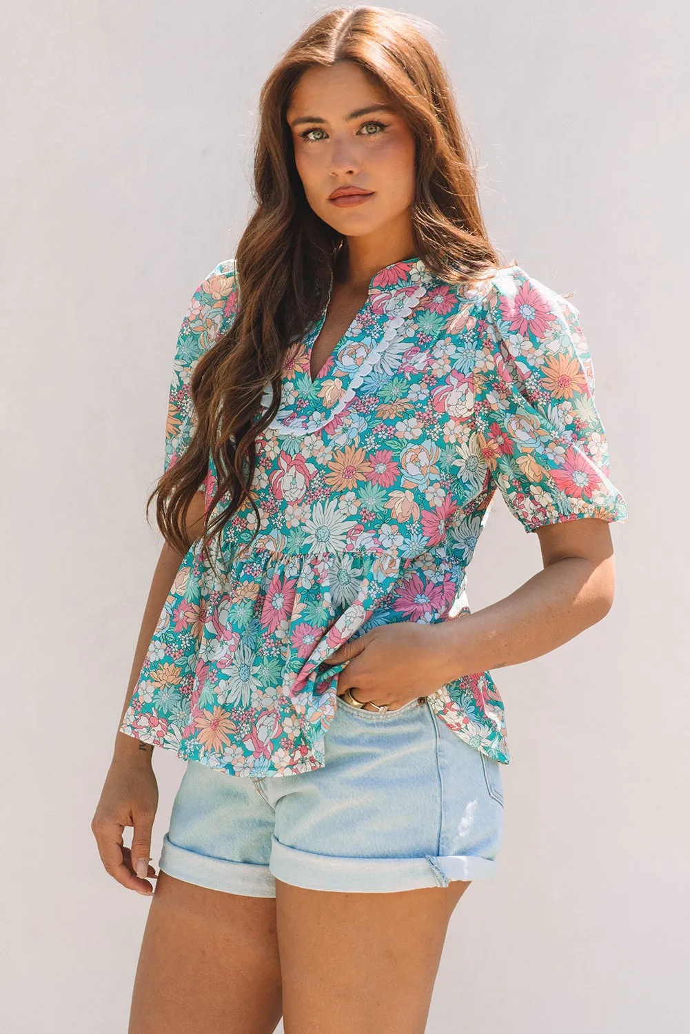 Amaris Notched Neck Puff Short Sleeve Floral Blouse by Threaded Pear sold by Zulily product image thumbnail 3