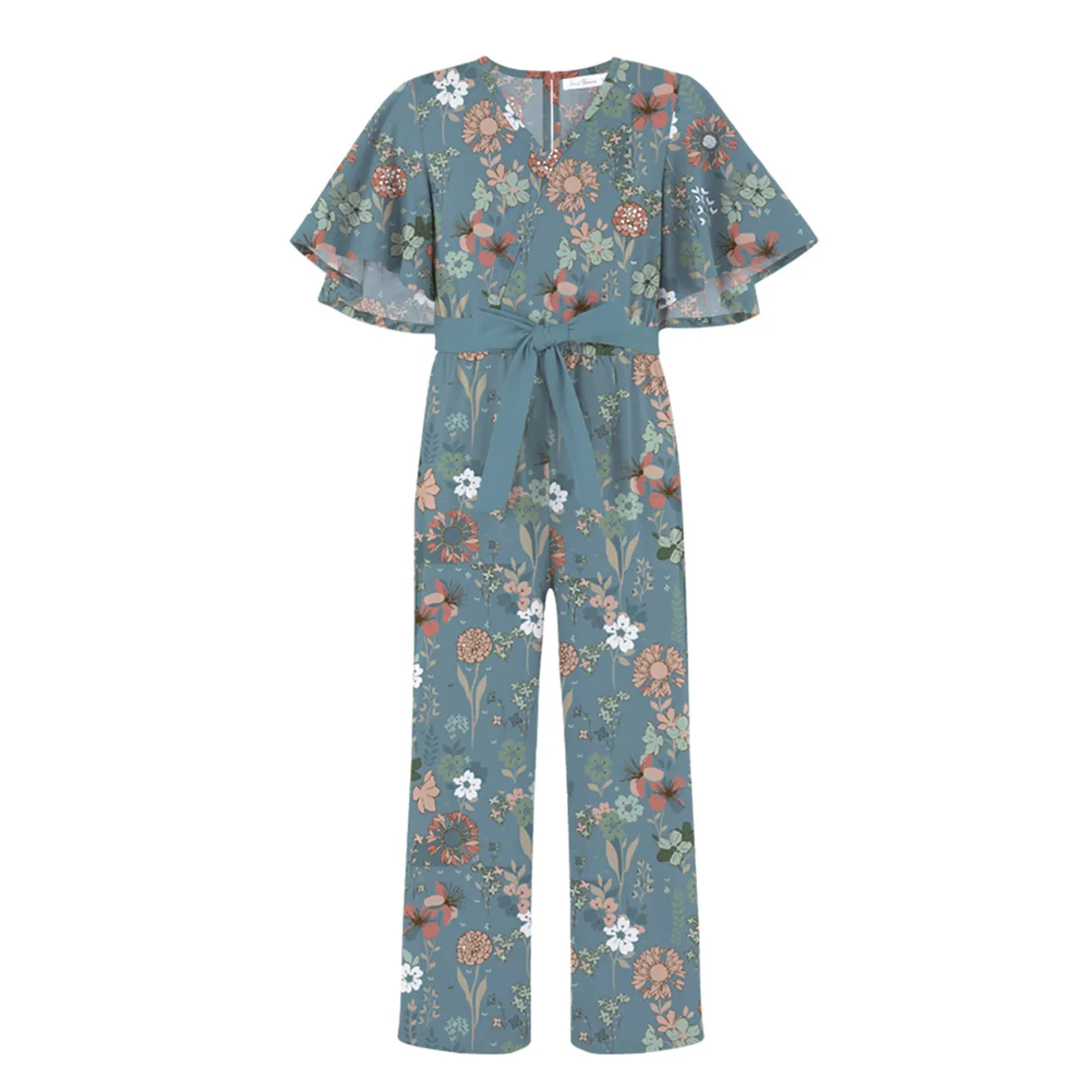 Trend Blossoms Girl's Floral Print Bow-Belt Flutter-Sleeve Jumpsuit sold by Zulily