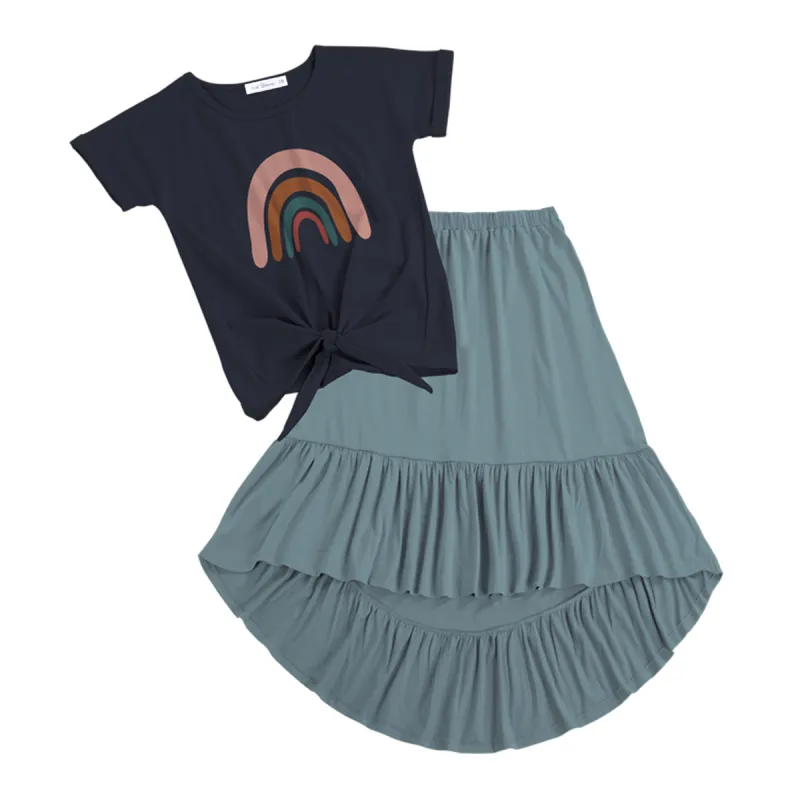 Trend Blossoms Girl's Rainbow Print Knot-Hem Tee & Hi-Low Skirt sold by Zulily