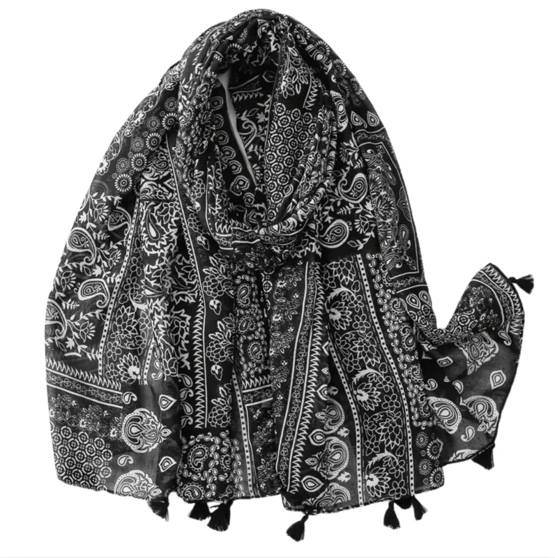 Bold Black-and-White Paisley Scarf with Tassels sold by Zulily