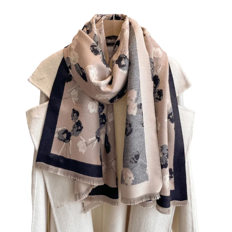 Beige & Black Elegant Floral Branch Fringe-Trimmed Scarf sold by Zulily