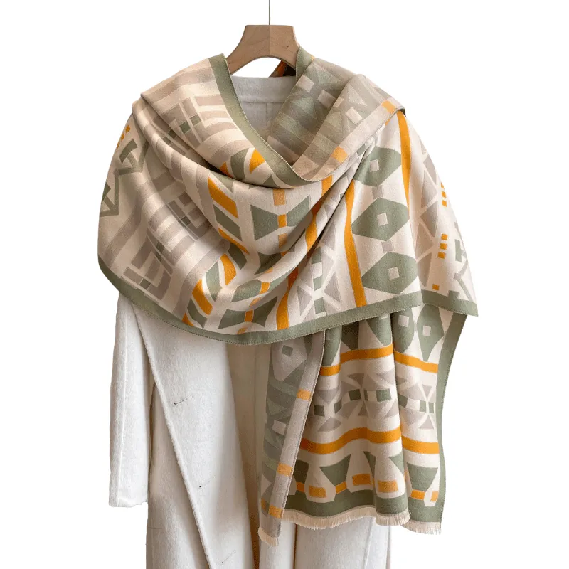 Beige, Olive Green & Orange Geometric Patterned Scarf sold by Zulily
