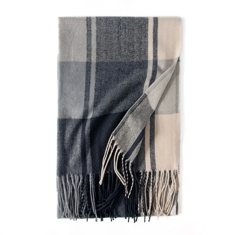 Cozy Plaid Fringe Trimmed Scarf in Black Beige sold by Zulily