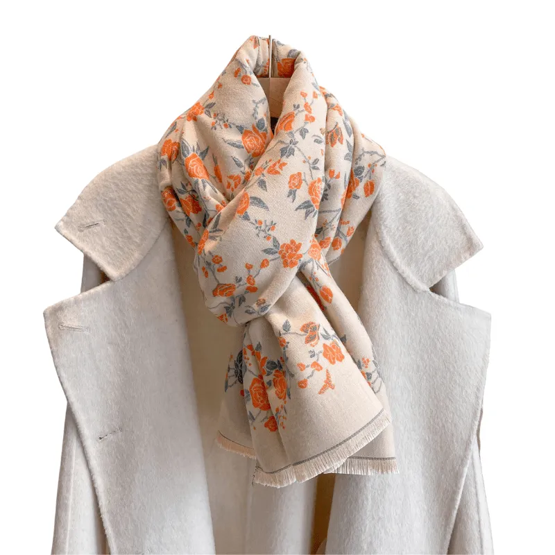Delicate Orange Floral Beige Fringe-Trimmed Scarf sold by Zulily