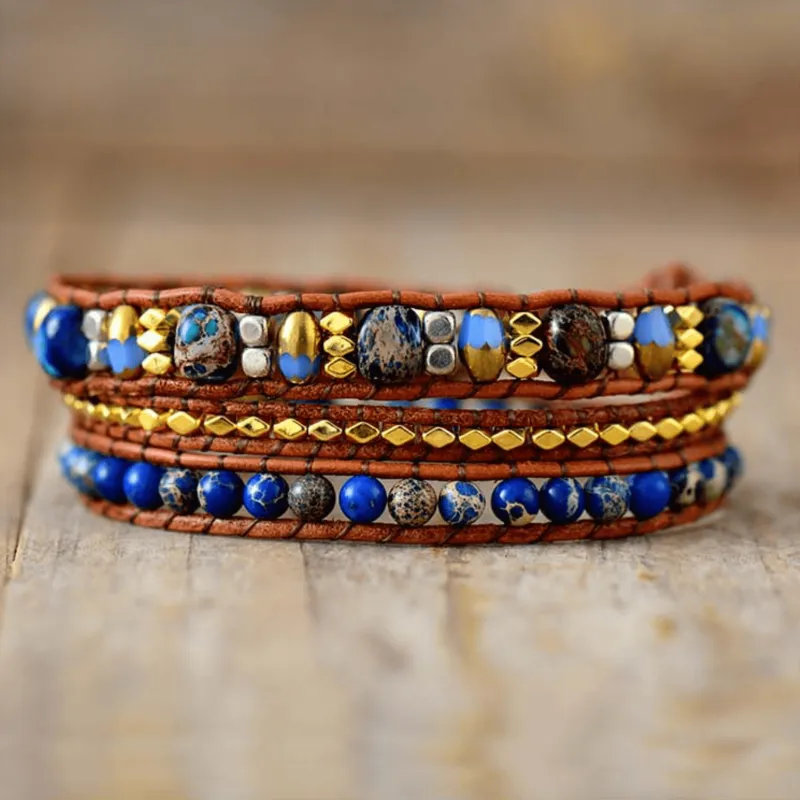 Blue Jasper & Goldtone Beaded Leather Wrap Bracelet sold by Zulily