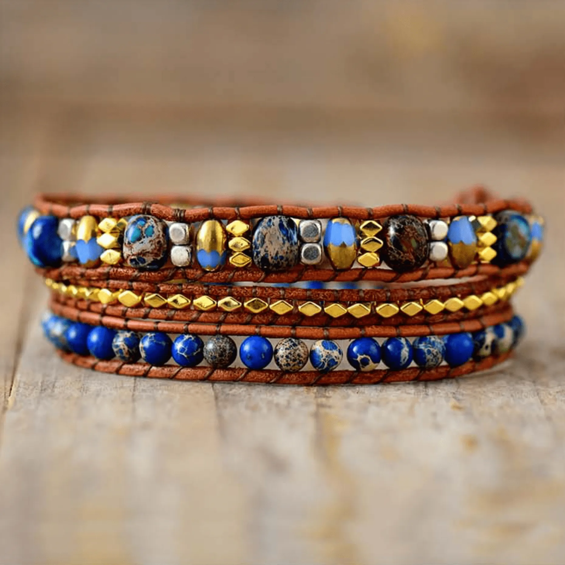Blue Jasper & Goldtone Beaded Leather Wrap Bracelet sold by Zulily