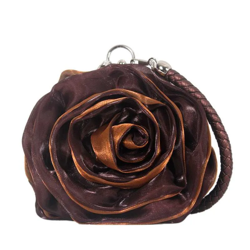 Brown Satine Rose Flower Clutch Handbag with Removeable Strap sold by Zulily