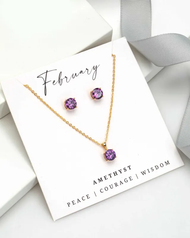 Gold Amethyst- February Swarovski Crystal Necklace Earrings – Cz Birthstone Stud Earring Circular Pendant Set By callura sold by Zulily