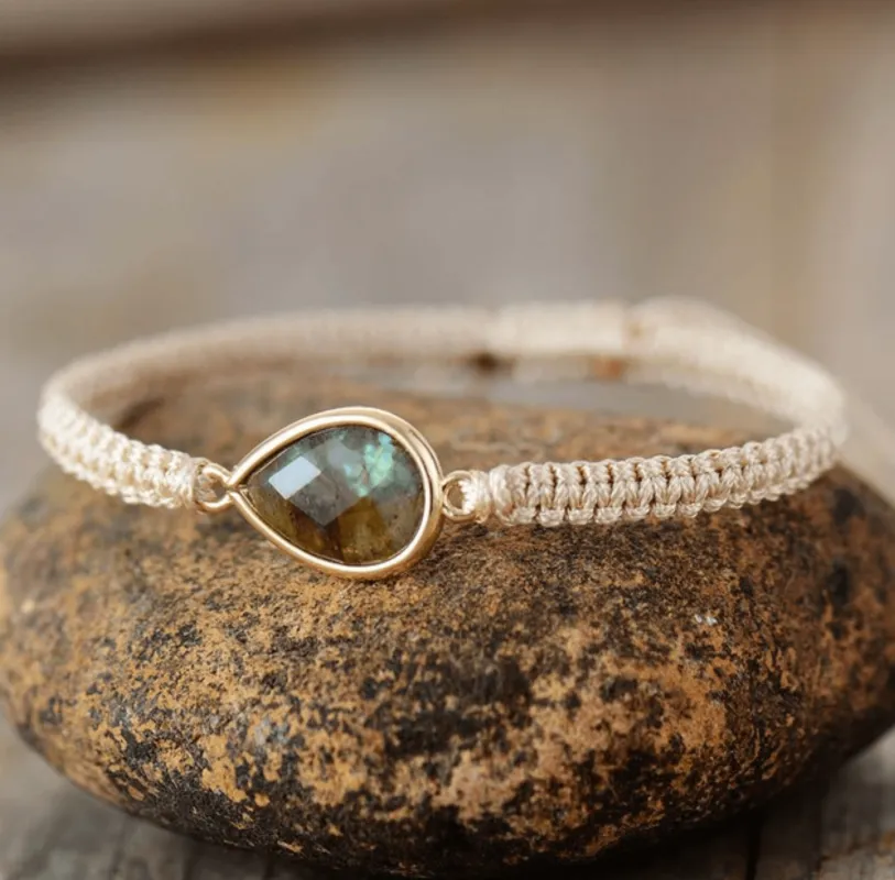 Beige Braided & Goldtone Labradorite Teardrop Bracelet sold by Zulily