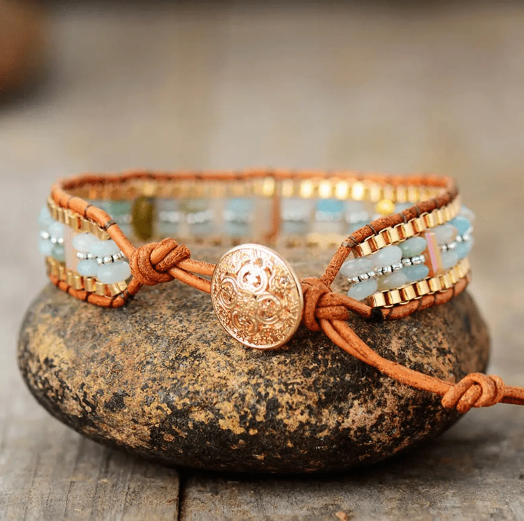 Goldtone Amazonite Rectangular & Stacked Beaded Bracelet sold by Zulily product image thumbnail 3