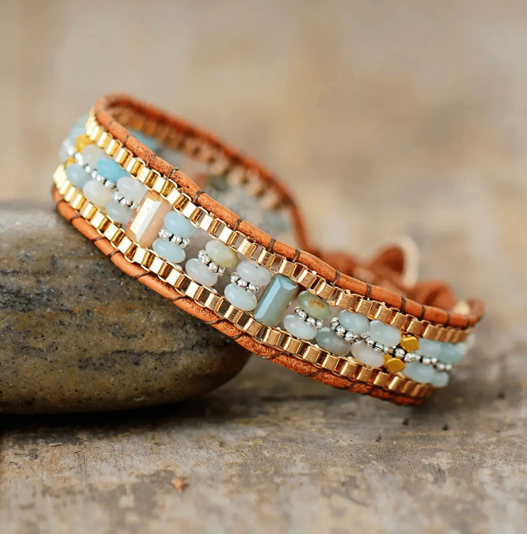 Goldtone Amazonite Rectangular & Stacked Beaded Bracelet sold by Zulily