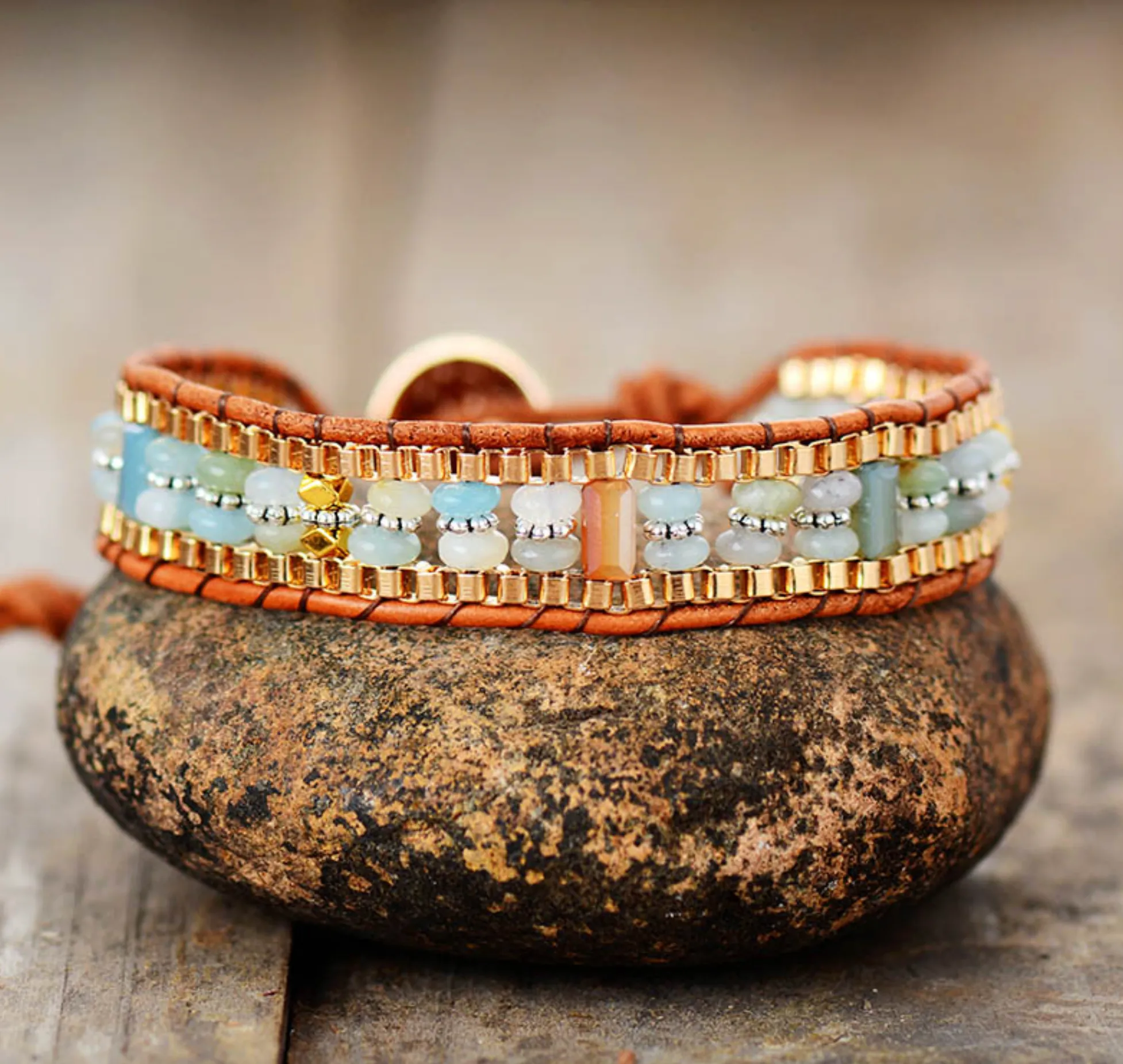 Goldtone Amazonite Rectangular & Stacked Beaded Bracelet sold by Zulily product image thumbnail 2