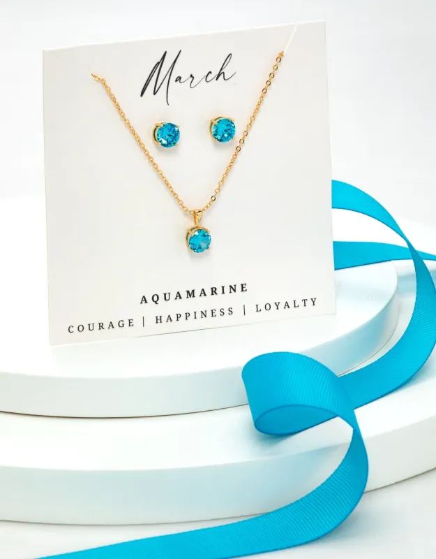 Gold Aqua - March Swarovski Crystal Necklace Earrings – Cz Birthstone Stud Earring Circular Pendant Set By callura sold by Zulily