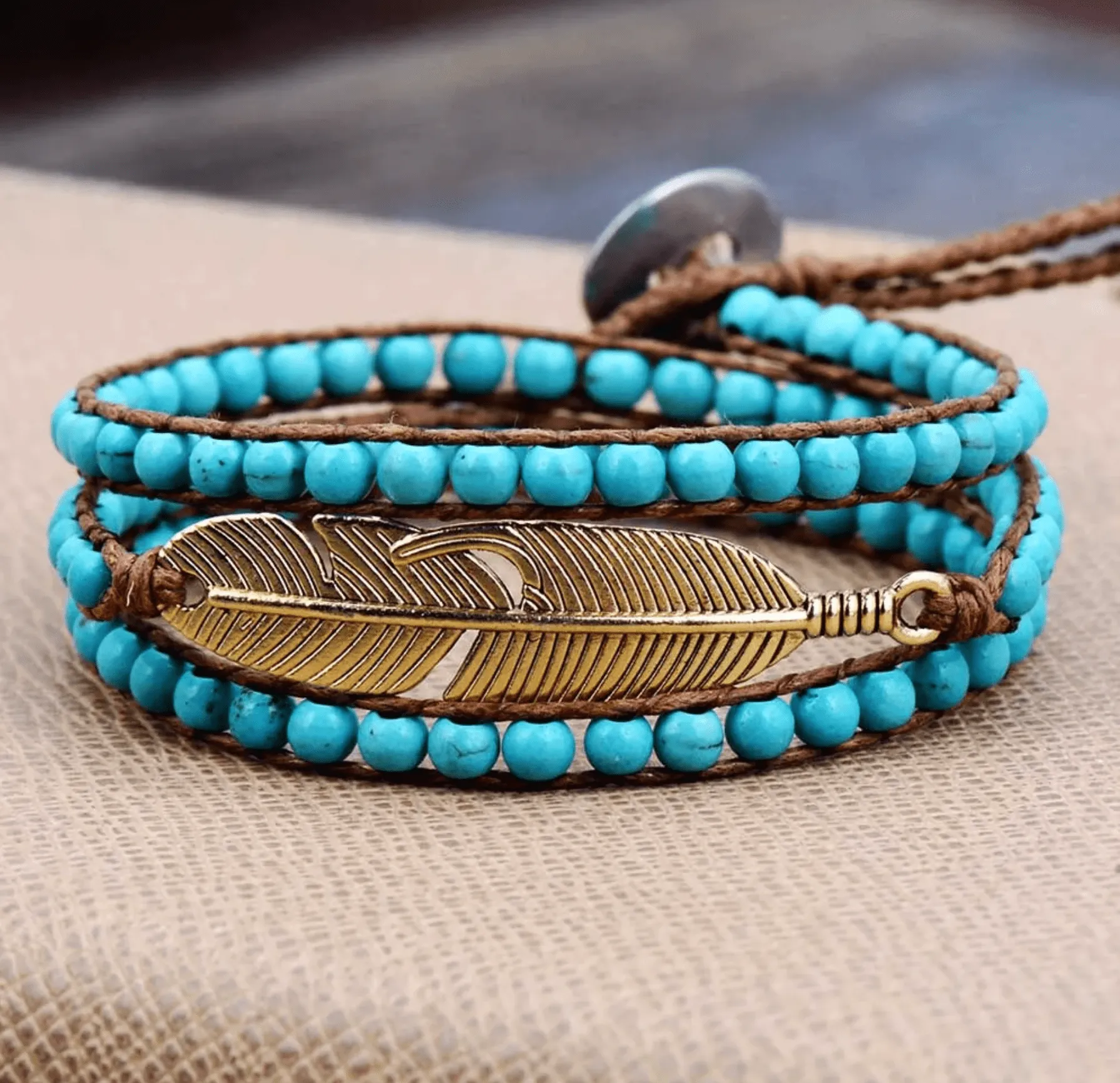 Goldtone Feather & Turquoise Beaded Wrap Bracelet sold by Zulily
