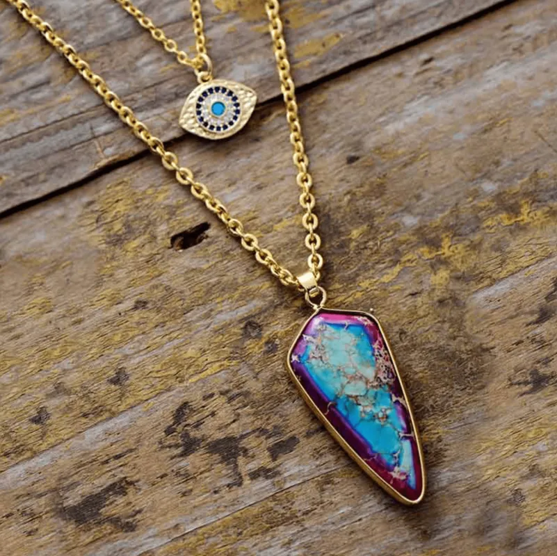 Goldtone Layered Eye & Purple Blue Jasper Pointed Necklace sold by Zulily