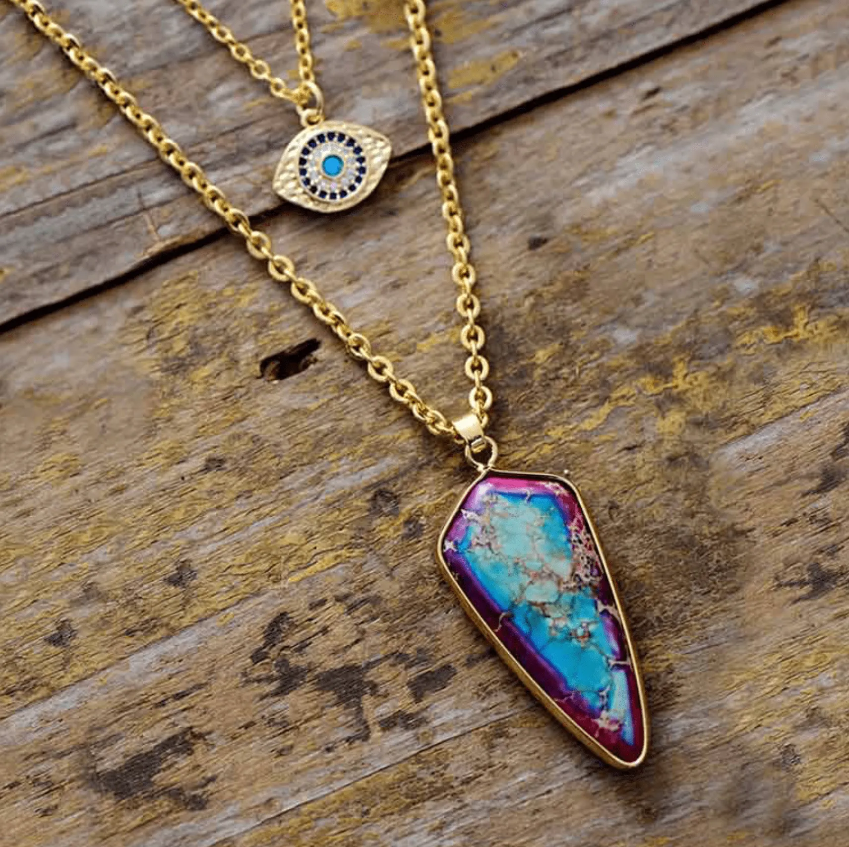 Goldtone Layered Eye & Purple Blue Jasper Pointed Necklace sold by Zulily