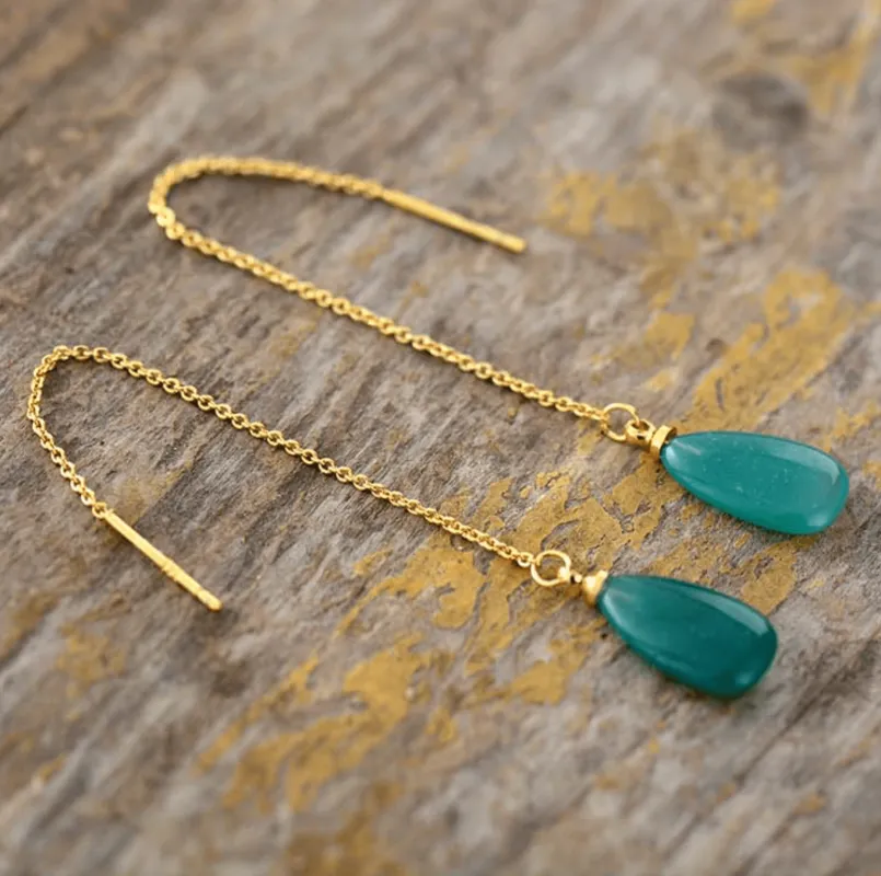 Goldtone Long Chain Dangle Green Onyx Teardrop Drop Earrings sold by Zulily