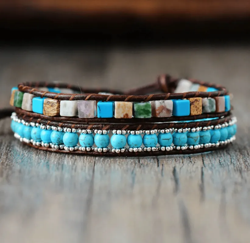 Leather Turquoise Beaded Dual Row Bracelet sold by Zulily