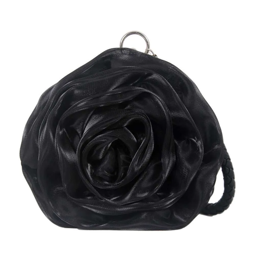 Black Satine Rose Flower Clutch Handbag with Removeable Strap sold by Zulily