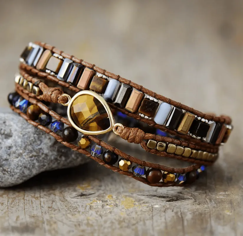 Leather Three Row Teardrop Tiger's Eye Beaded Bracelet sold by Zulily