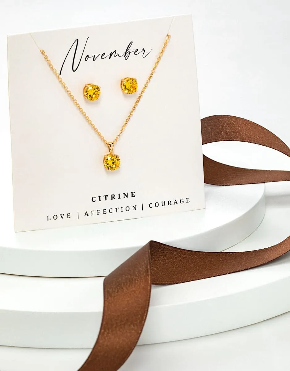 Gold Citrine - November Swarovski Crystal Necklace Earrings – Cz Birthstone Stud Earring Circular Pendant Set By callura sold by Zulily