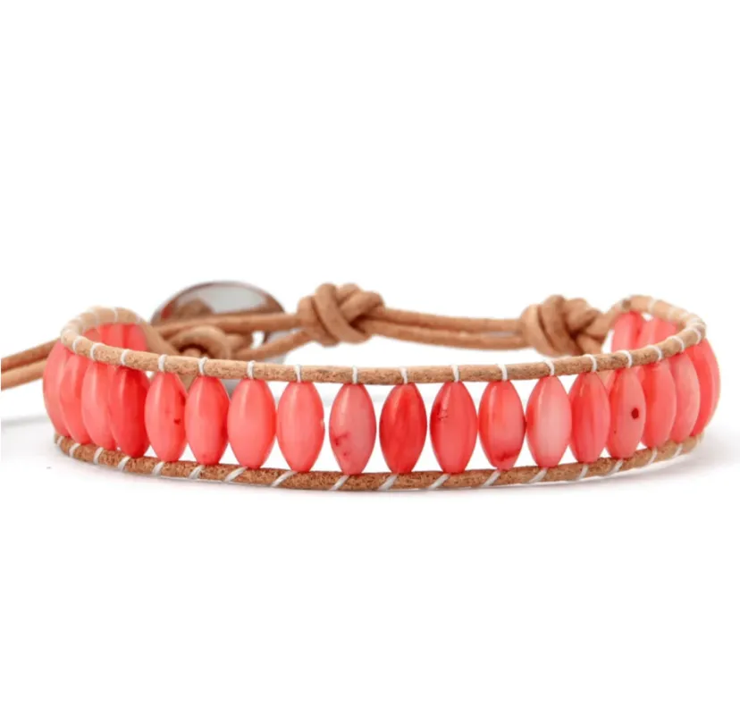 Coral Stone Beaded Leather Bracelet sold by Zulily
