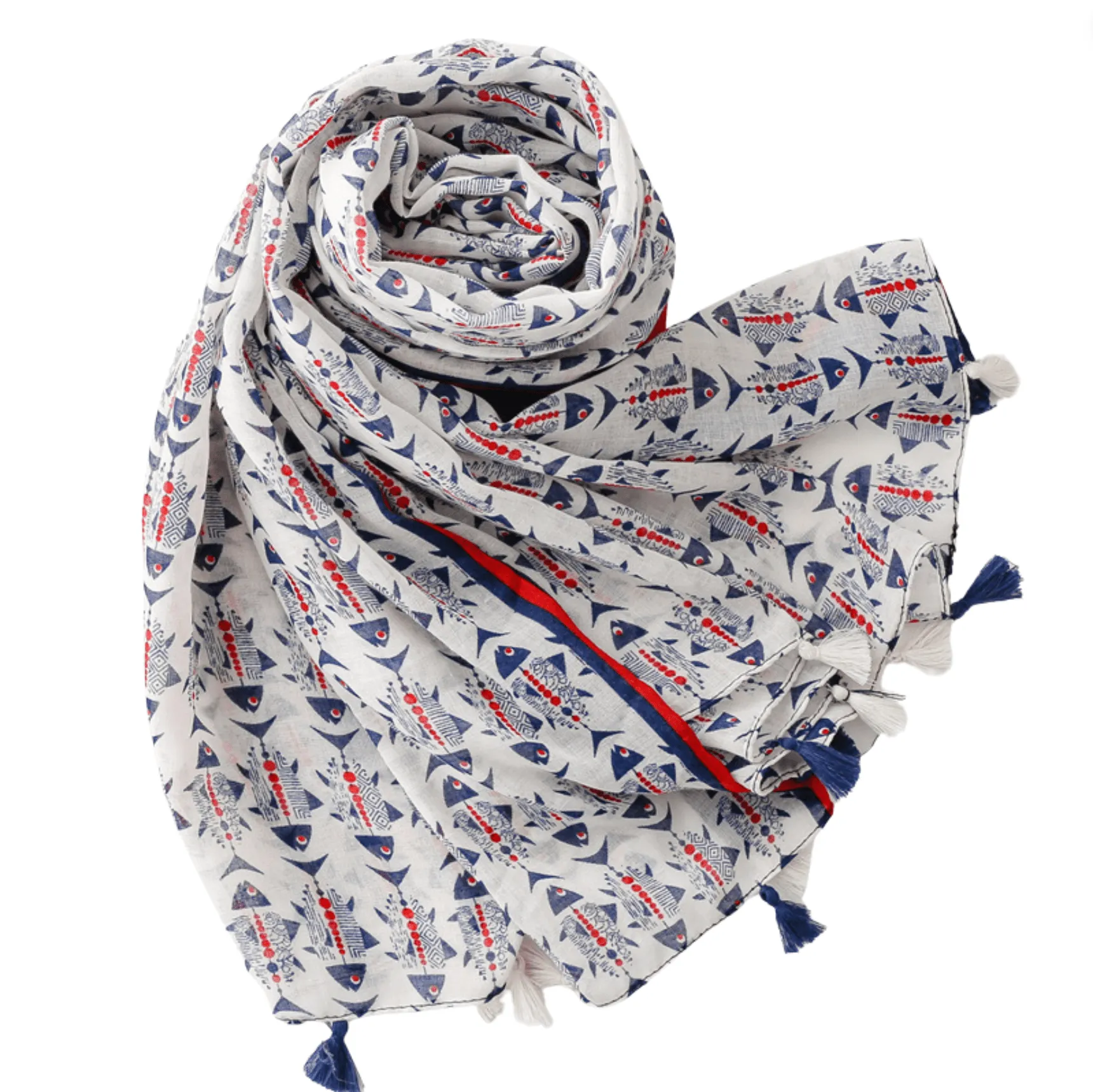 Navy and Red Scandinavian Fish Scarf with Tassels sold by Zulily product image thumbnail 2