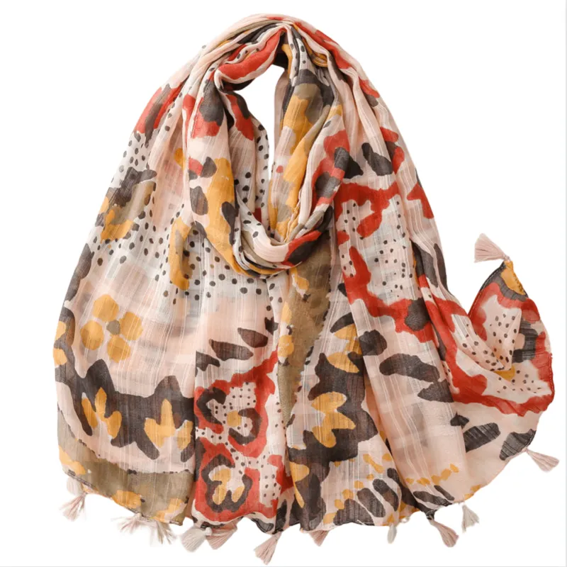 Red, Brown and Mustard Floral Scarf with Tassels sold by Zulily