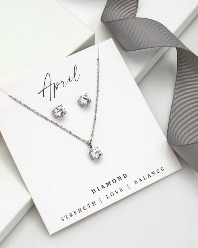 Silver Clear - April Swarovski Crystal Necklace Earrings – Cz Birthstone Stud Earring Circular Pendant Set By callura sold by Zulily