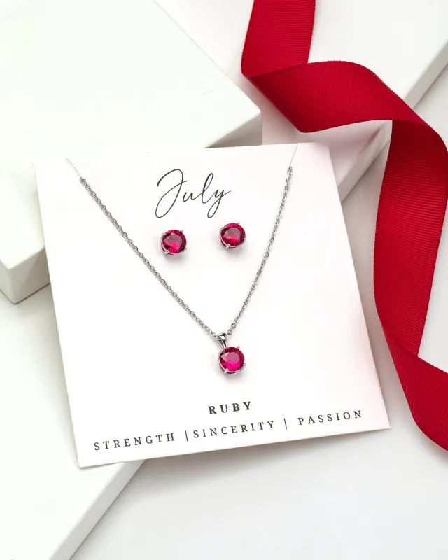 Silver Ruby - July Swarovski Crystal Necklace Earrings – Cz Birthstone Stud Earring Circular Pendant Set By callura sold by Zulily