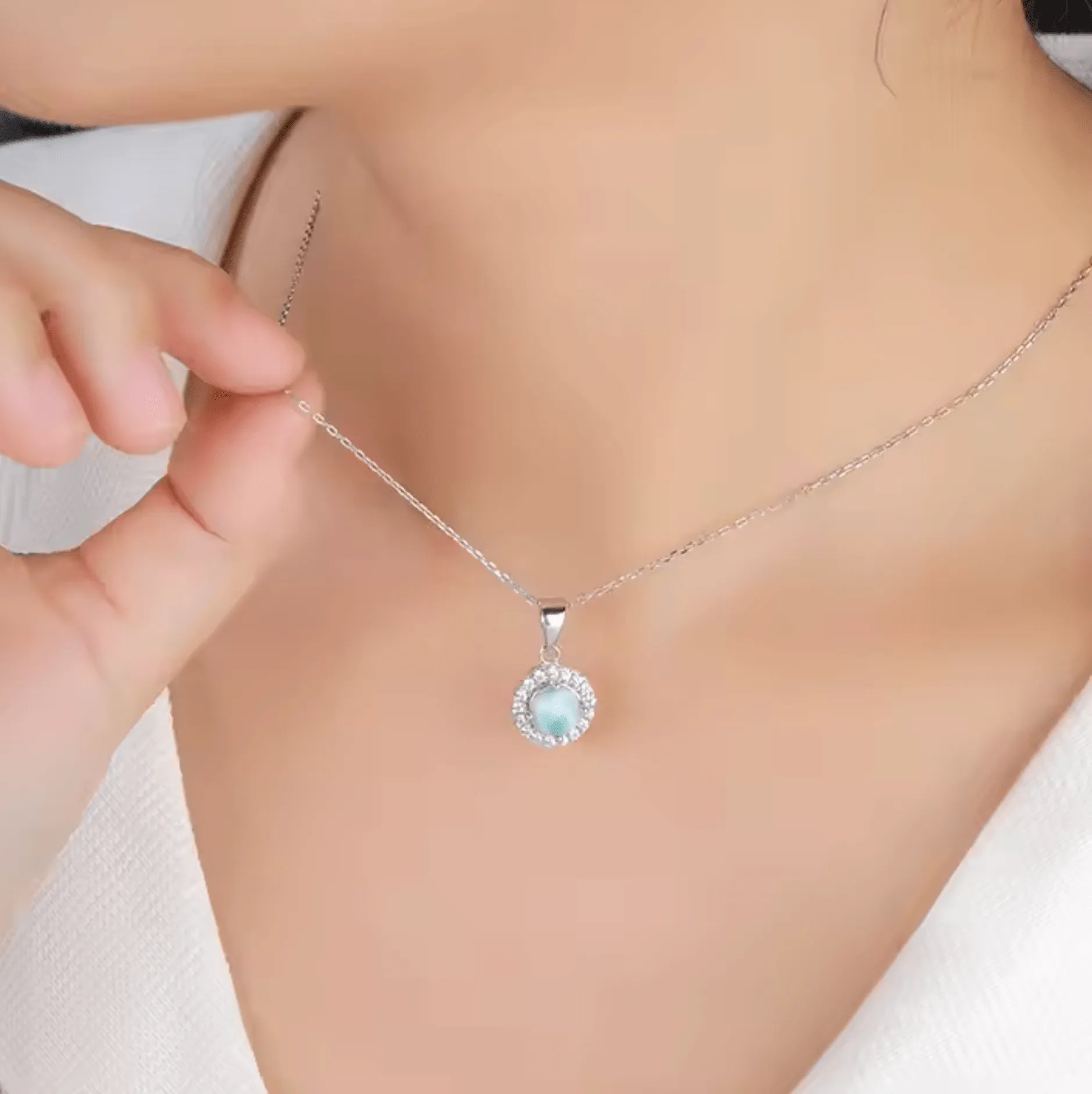 Sky Blue Larimar & Sterling Silver Halo Pendant Necklace sold by Zulily product image thumbnail 3