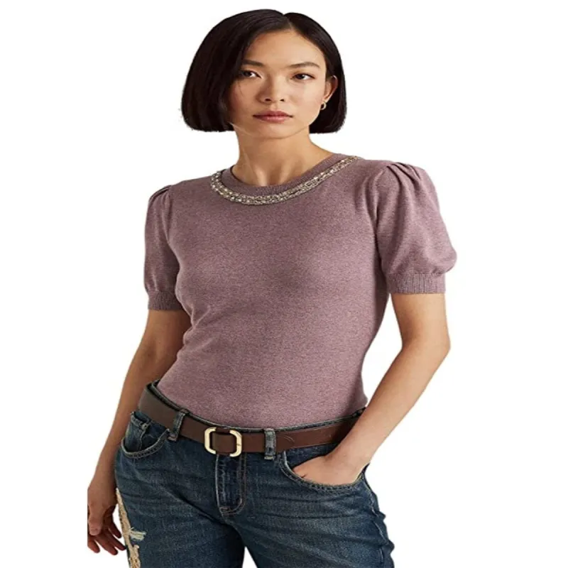 Ralph Lauren Women's Beaded Short Sleeve Sweater Purple Size X-Small made by Zulily