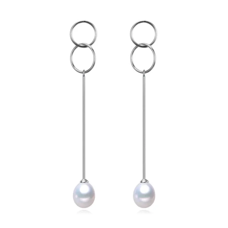 White Freshwater Pearl Sterling Silver Dual Circle Bar Drop Earrings sold by Zulily