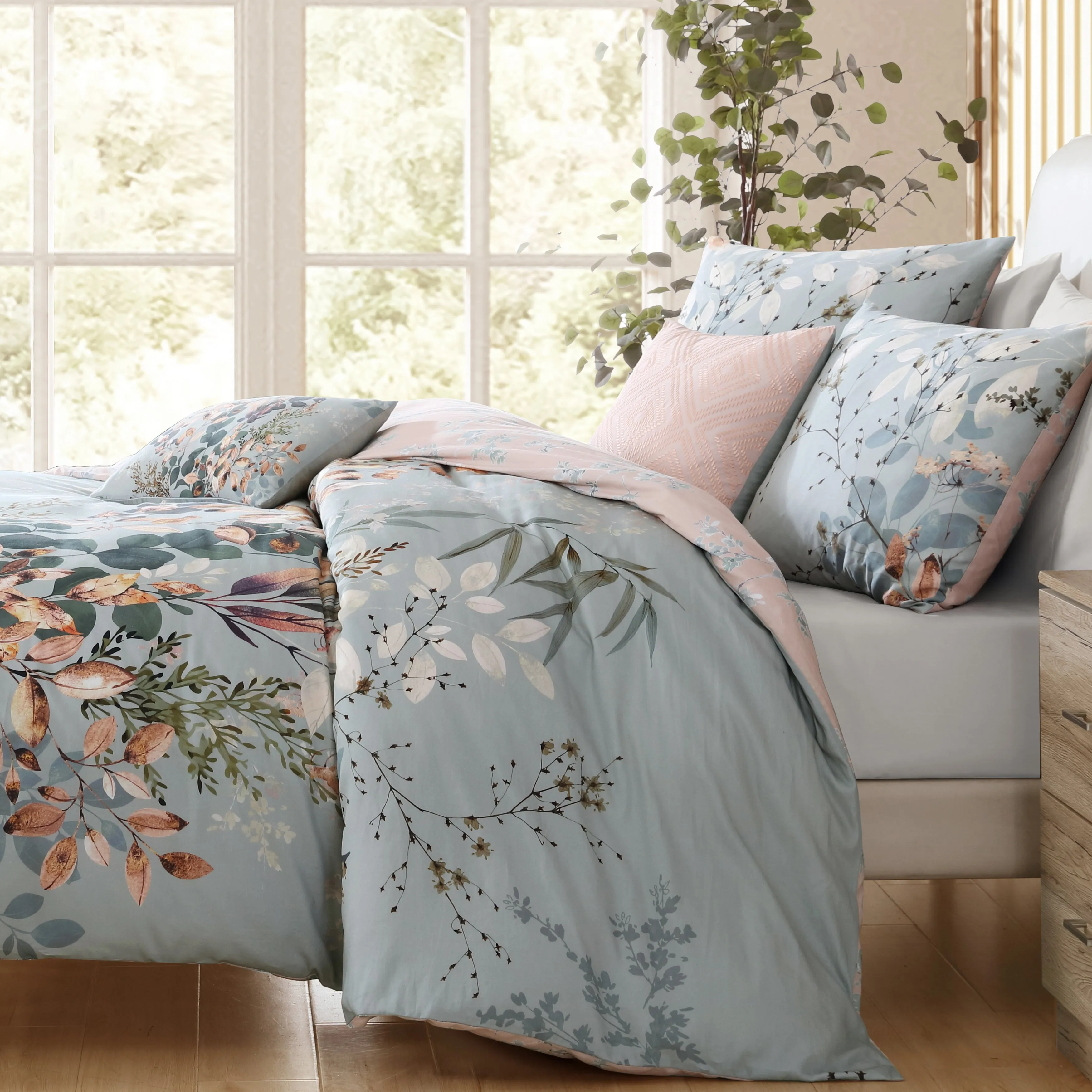 Bebejan Peach Leaves on Sage 5 Piece Reversible Comforter Set sold by Zulily product image thumbnail 5