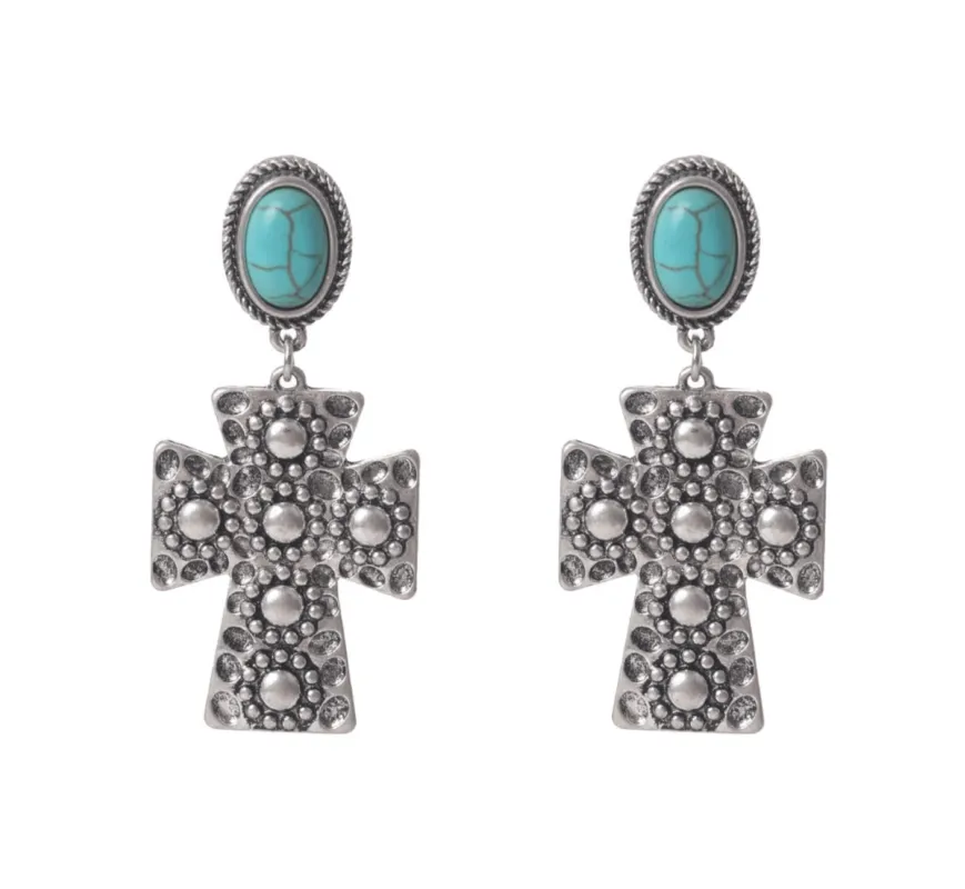 Embossed Silvertone Cross Turquoise Drop Earrings sold by Zulily