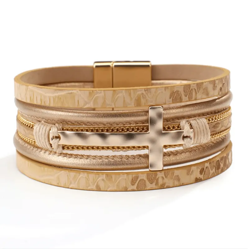 Goldtone Faux Leather Multi Strand Bracelet With Cross sold by Zulily