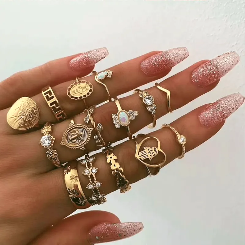 Goldtone Crystal Midi Ring Set With Hamsa - set of 15 sold by Zulily