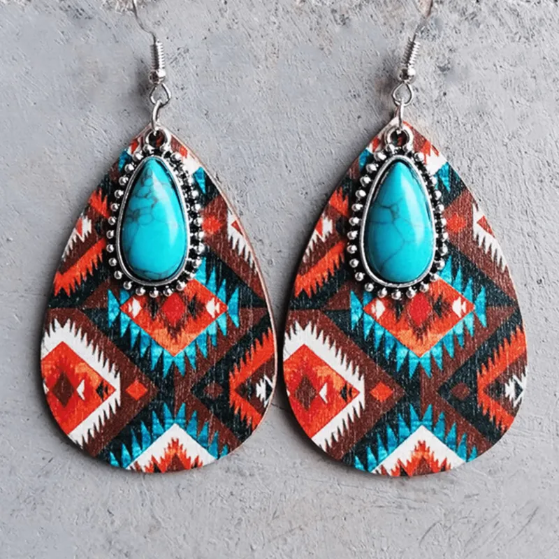 Multi Colored Patterned & Turquoise Teardrop Drop Earrings - Red Aztec sold by Zulily