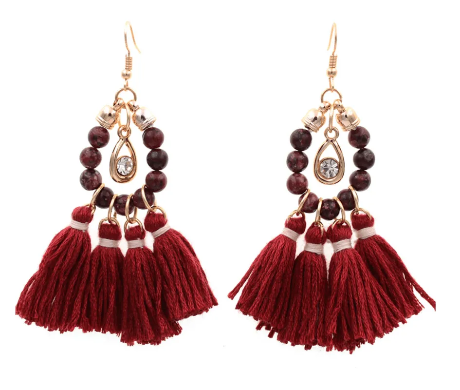 Deep Red Beaded And Multi Tassel Drop Earrings sold by Zulily