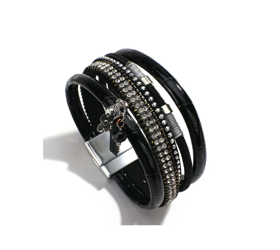 Faux Leather Black Crystal Bracelet sold by Zulily