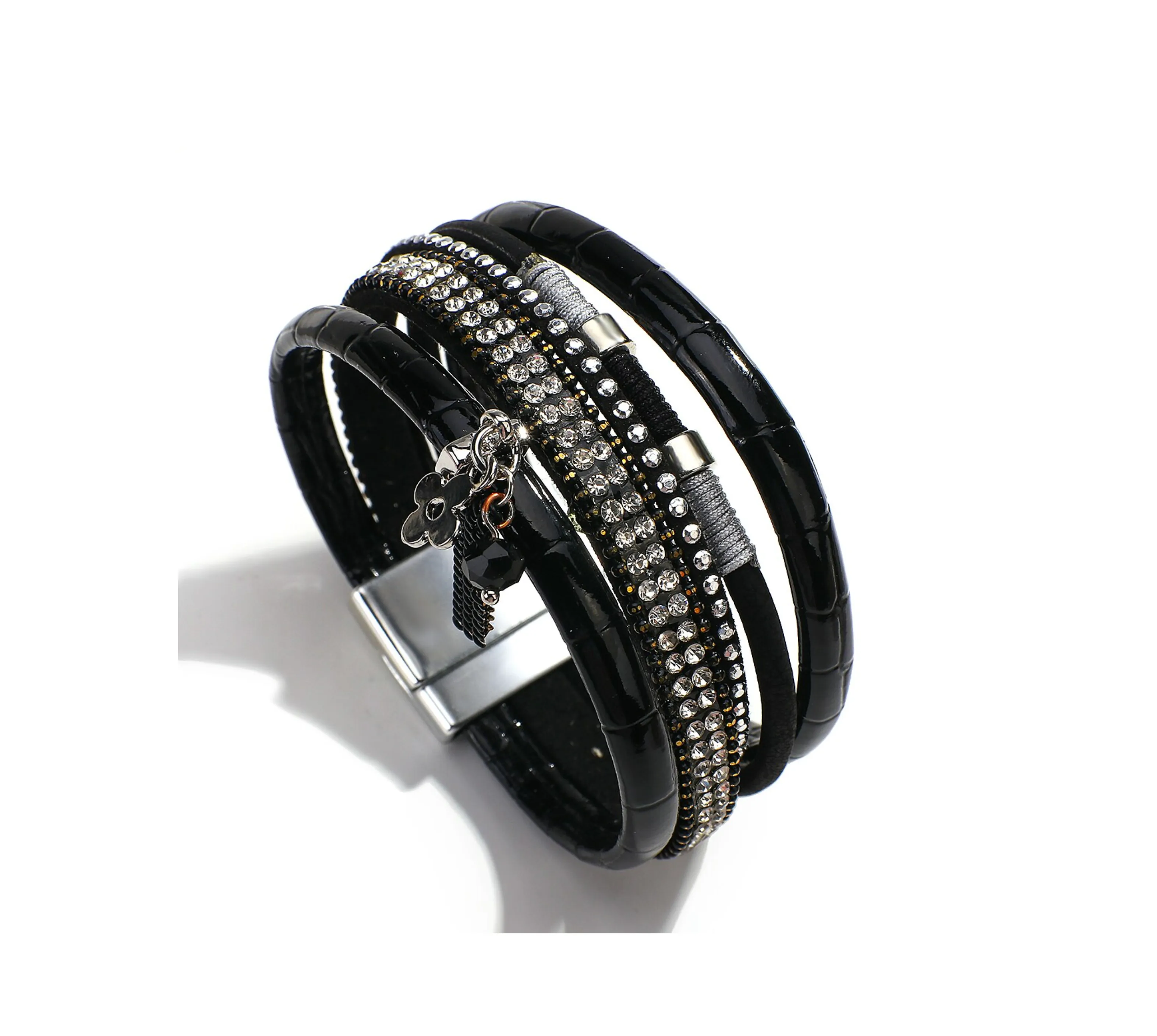 Faux Leather Black Crystal Bracelet sold by Zulily