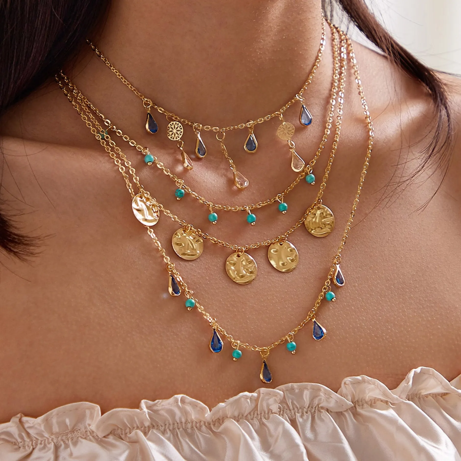 Goldtone Blue Teardrop Bead Layered Necklace sold by Zulily